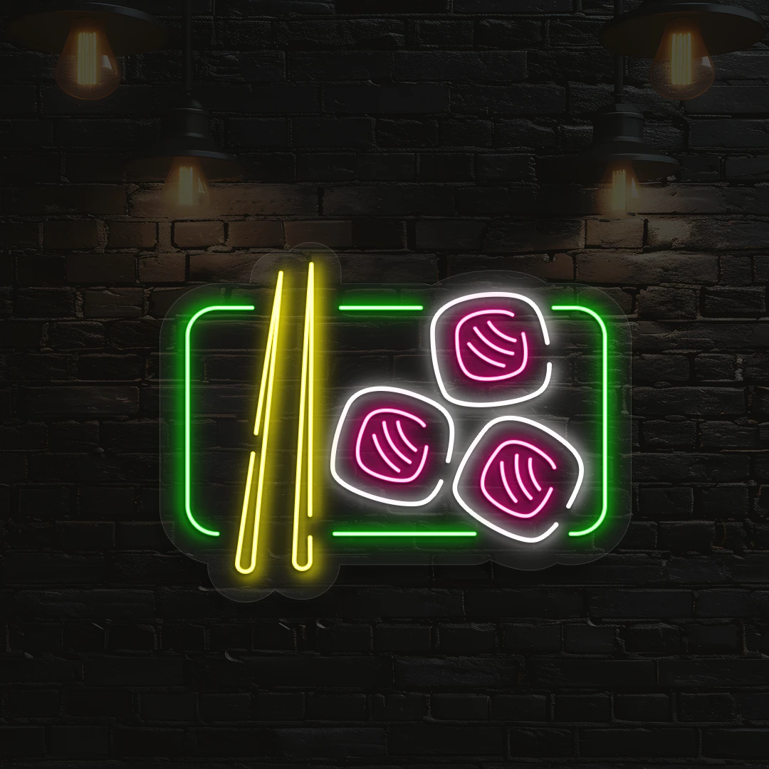 green yellow pink and white sushi glow neon sign mounted on a wall