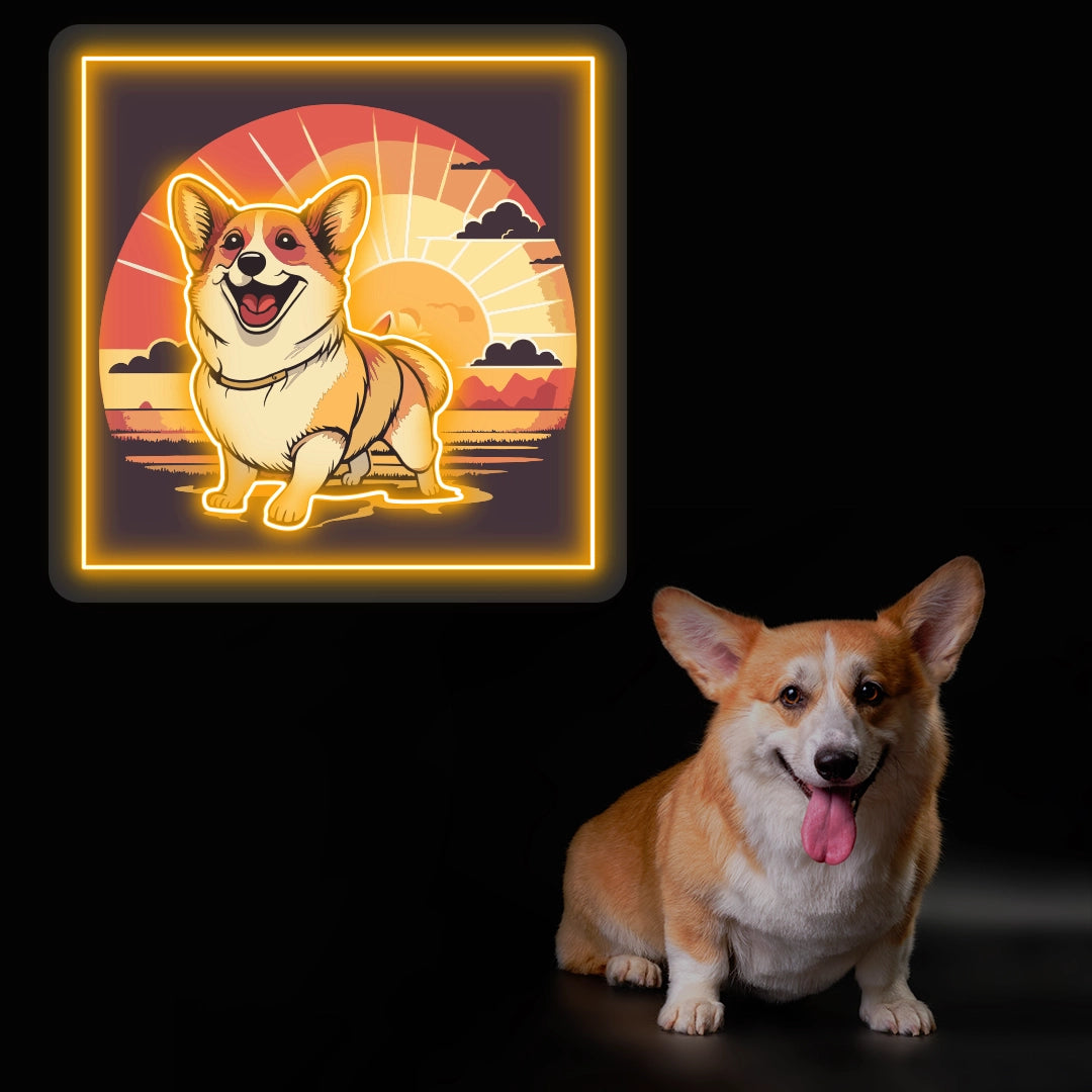 Smiling Corgi Sunset Portrait Neon Artwork in orange color