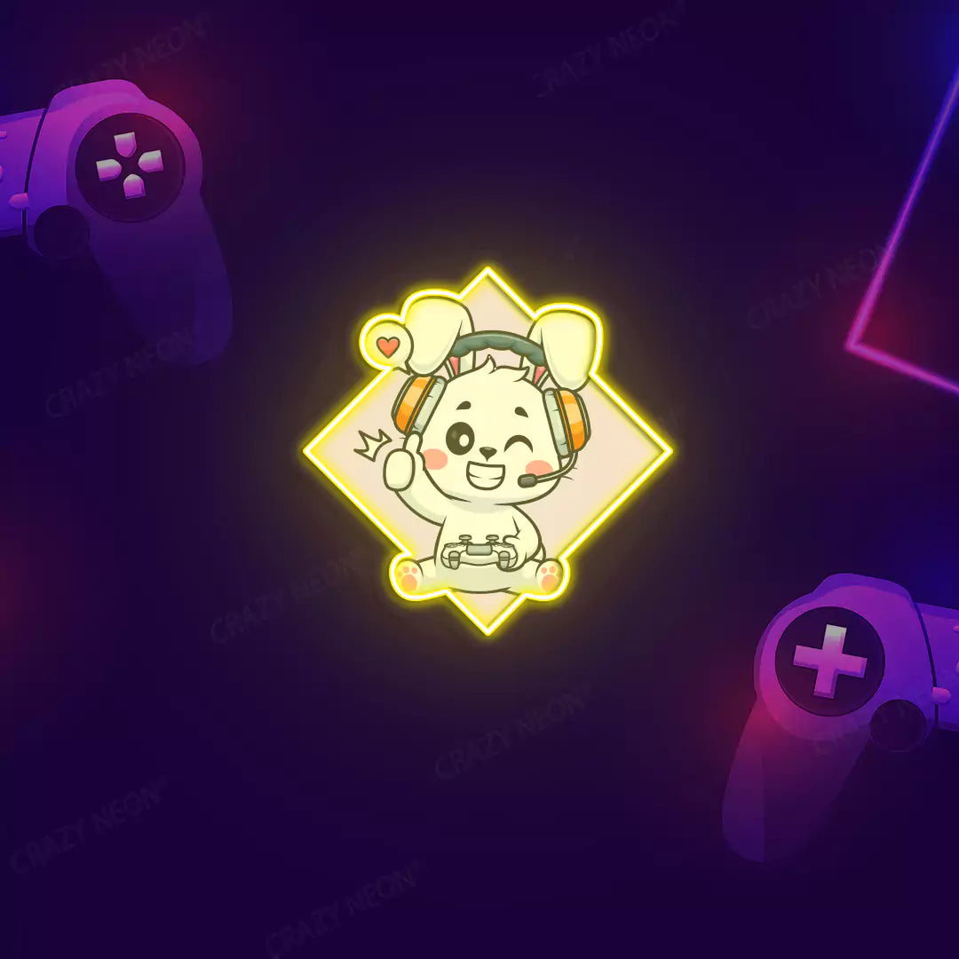 Cute Bunny Gamer Neon Artwork in Yellow Color.