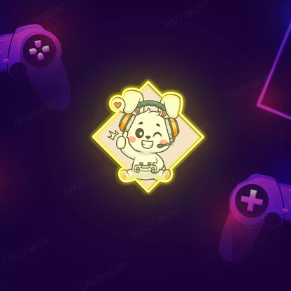 Cute Bunny Gamer Neon Artwork in Yellow Color.