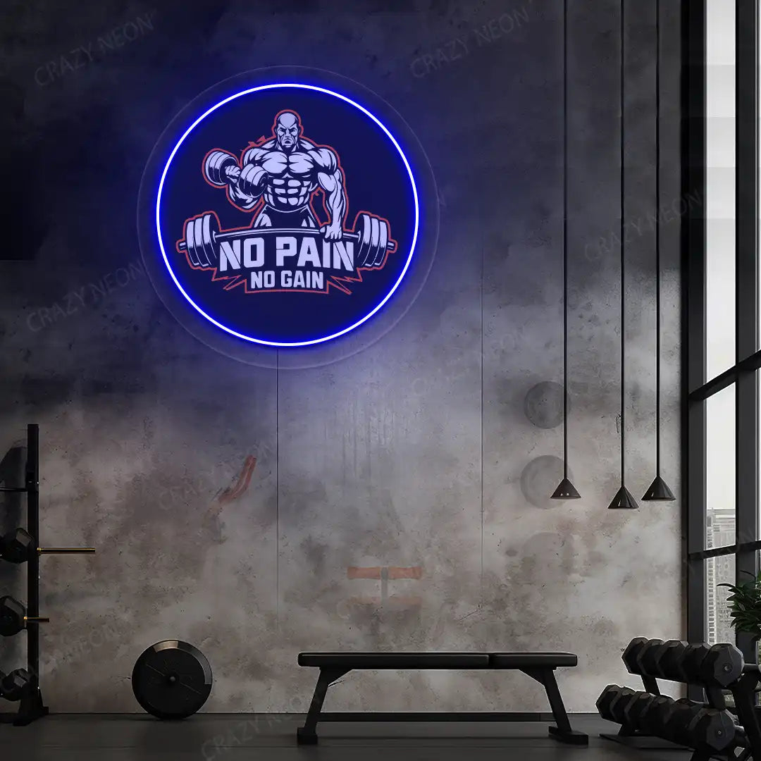 blue no pain no gain gym neon artwork mounted on a wall