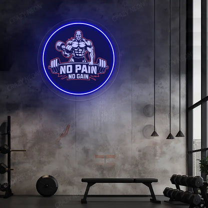 blue no pain no gain gym neon artwork mounted on a wall