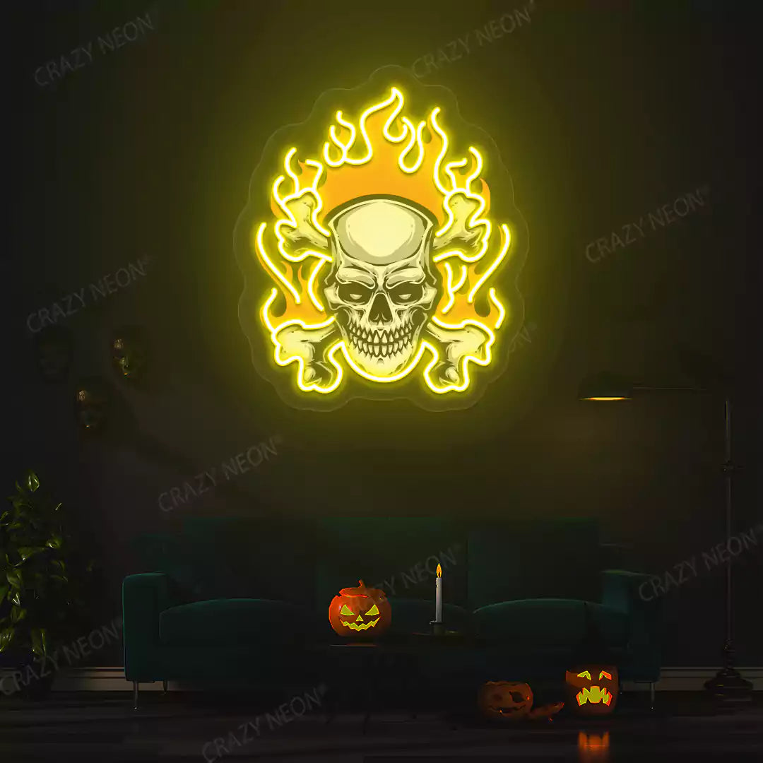 Flaming Skull Neon Artwork | Yellow
