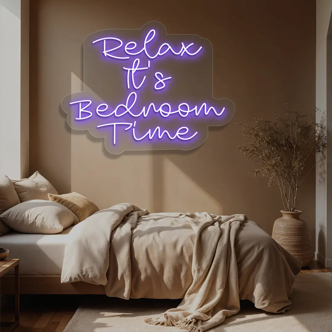 purple relax its bedroom time neon sign mounted on a wall