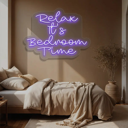 purple relax its bedroom time neon sign mounted on a wall