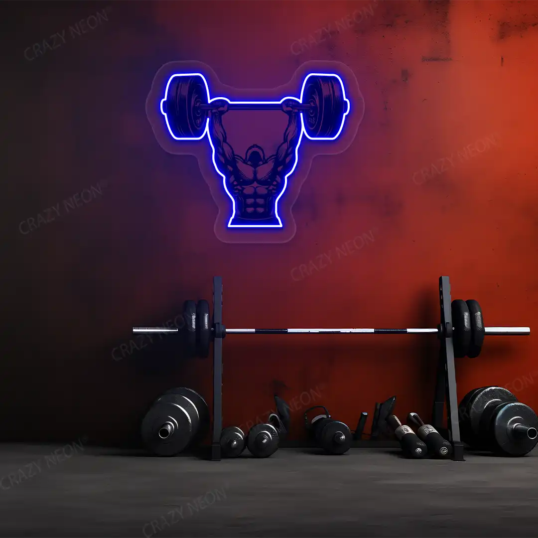 blue barbell overhead press gym neon artwork mounted on a wall 