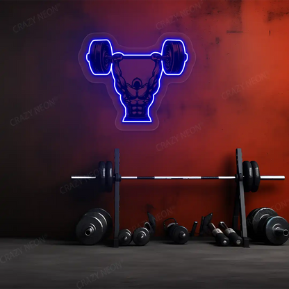 blue barbell overhead press gym neon artwork mounted on a wall 