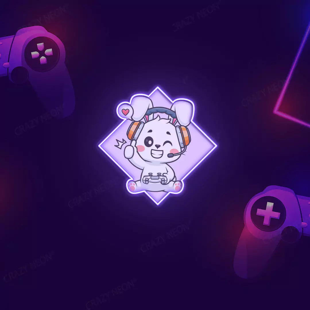 Cute Bunny Gamer Neon Artwork in purple Color.