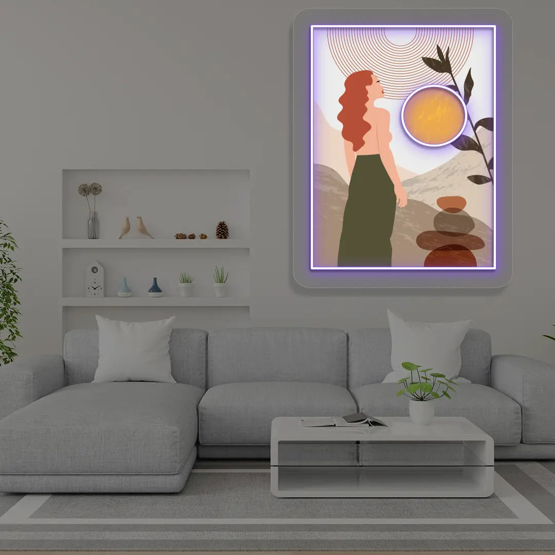 purple abstract chic Neon Artwork Sign mounted on a wall