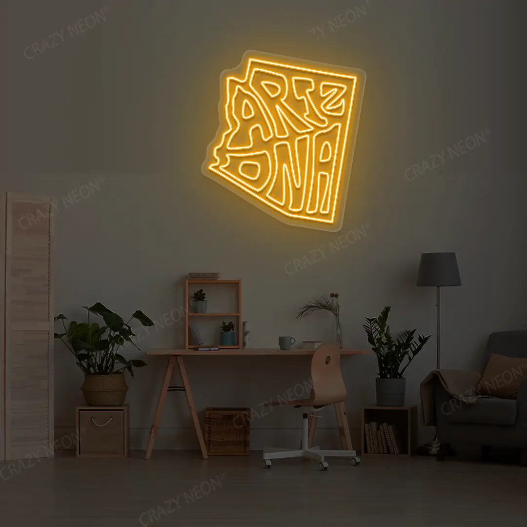 ARIZONA Map Neon Sign lighting up in orange color in a room