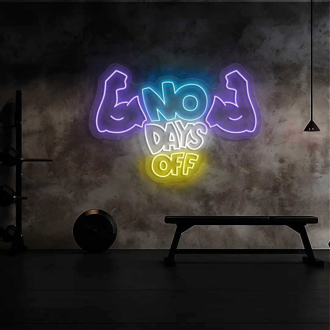 multi color no days off neon sign mounted on a wall