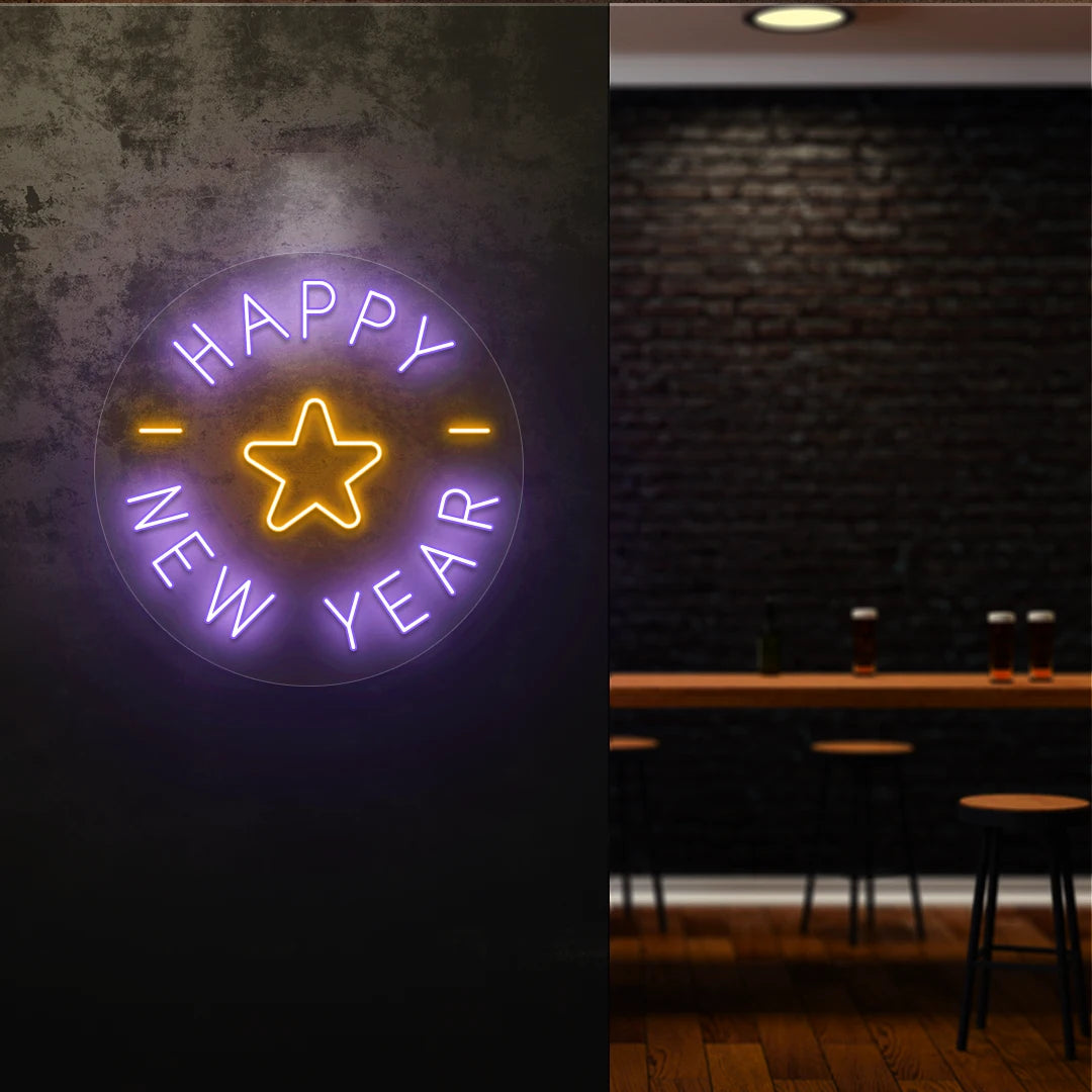 Round Happy New Year neon sign with purple and orange star design glowing on a dark wall