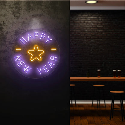 Round Happy New Year neon sign with purple and orange star design glowing on a dark wall