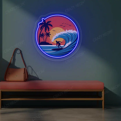 blue sunset surfer riding wave neon artwork mounted on a wall