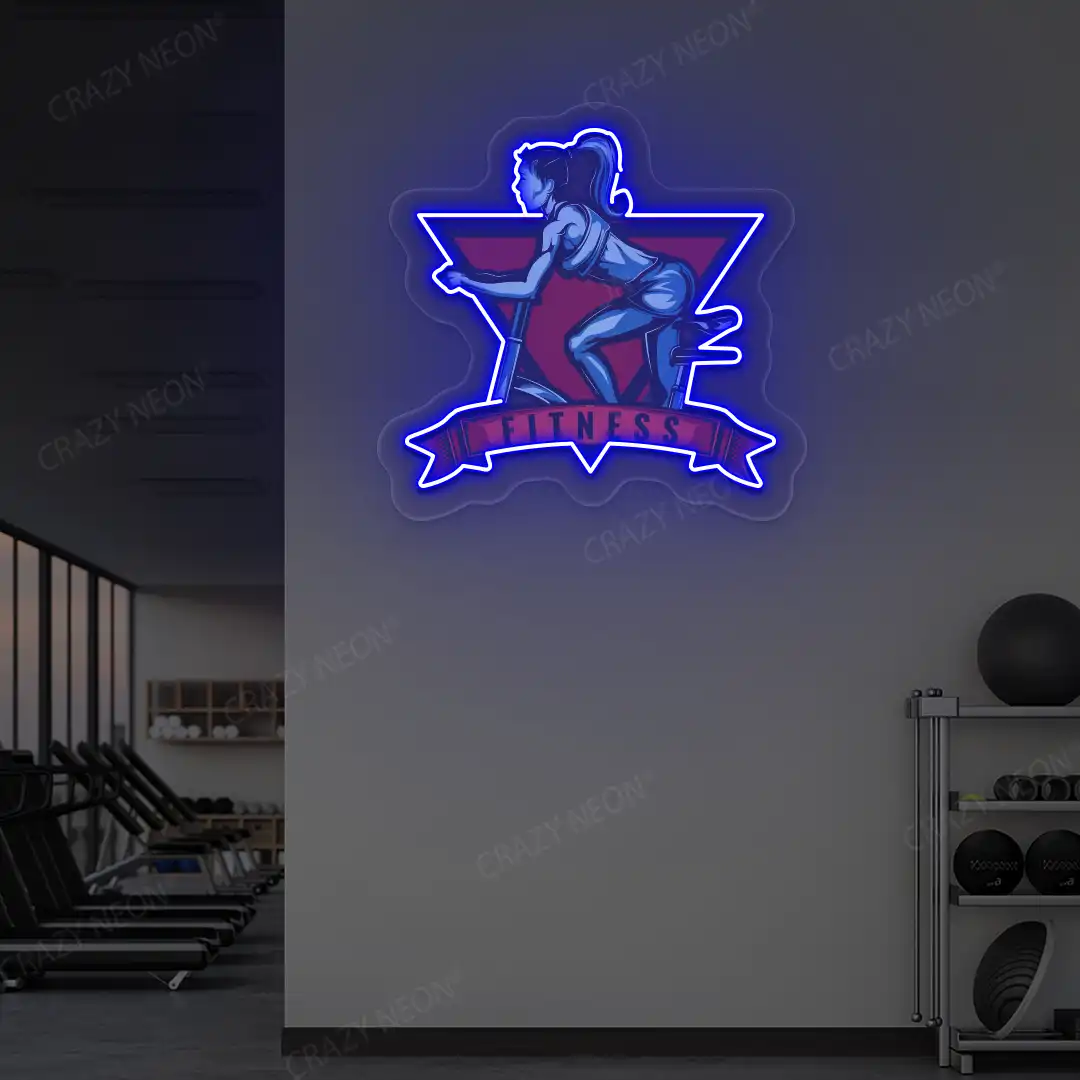 blue girl spinning fitness neon artwork mounted on a wall