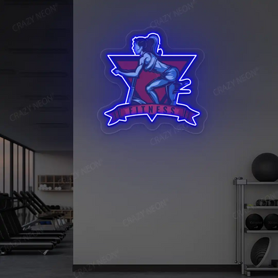 blue girl spinning fitness neon artwork mounted on a wall