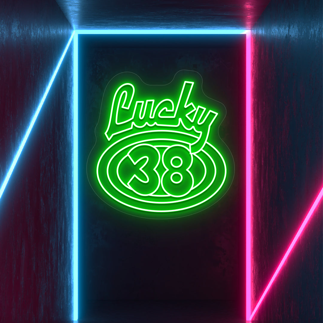 green the lucky 38 vintage neon sign mounted on a wall