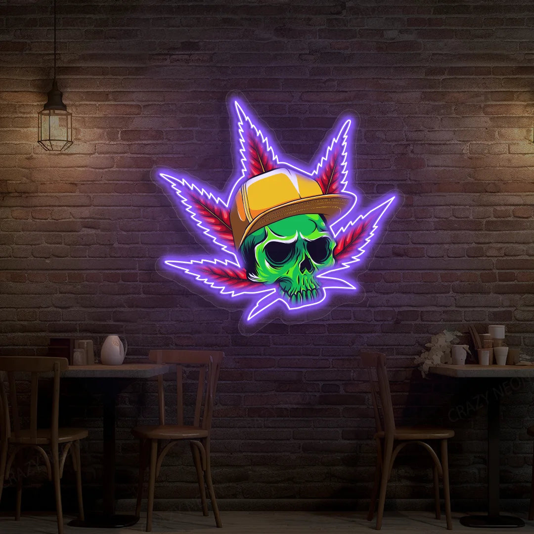 Skull Cap Weed Leaf Neon Artwork in purple color