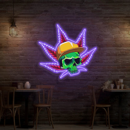 Skull Cap Weed Leaf Neon Artwork in purple color