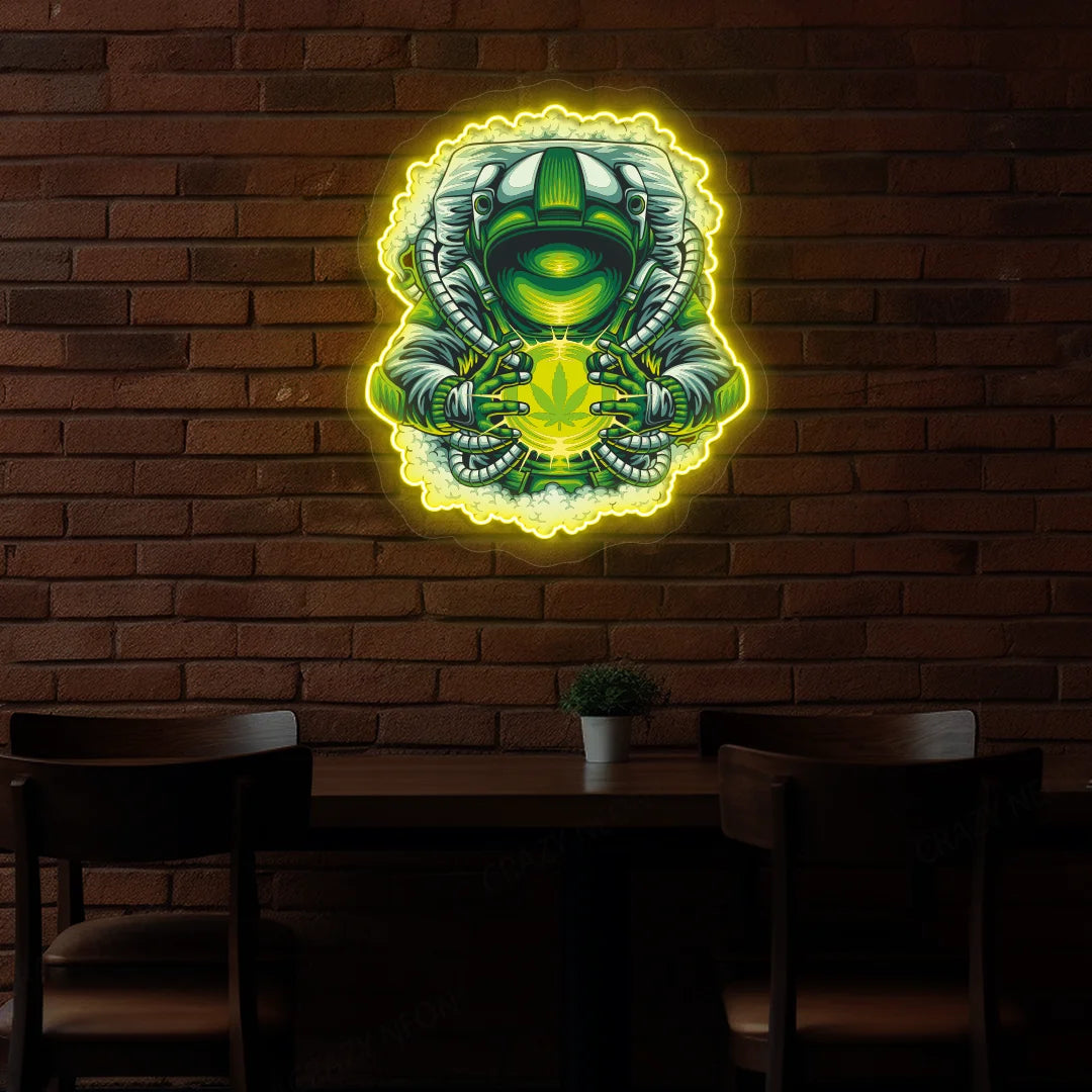 Cosmic Weed Astronaut Neon Artwork in Yellow color