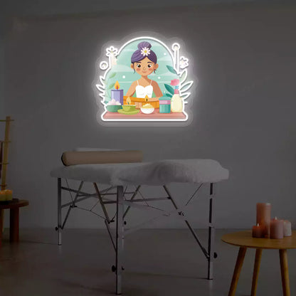 Spa Girl Neon Artwork lighting up in white color on a spa wall