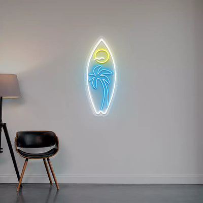 ice blue yellow and white tropical surfboard neon sign mounted on a wall