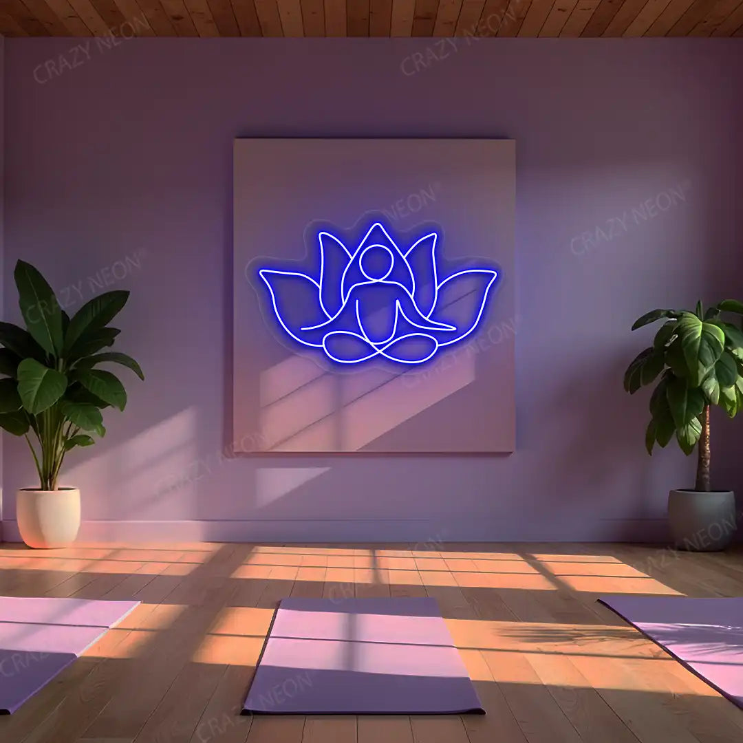 Lotus Meditation Neon Sign lighting up in blue color in a yoga room