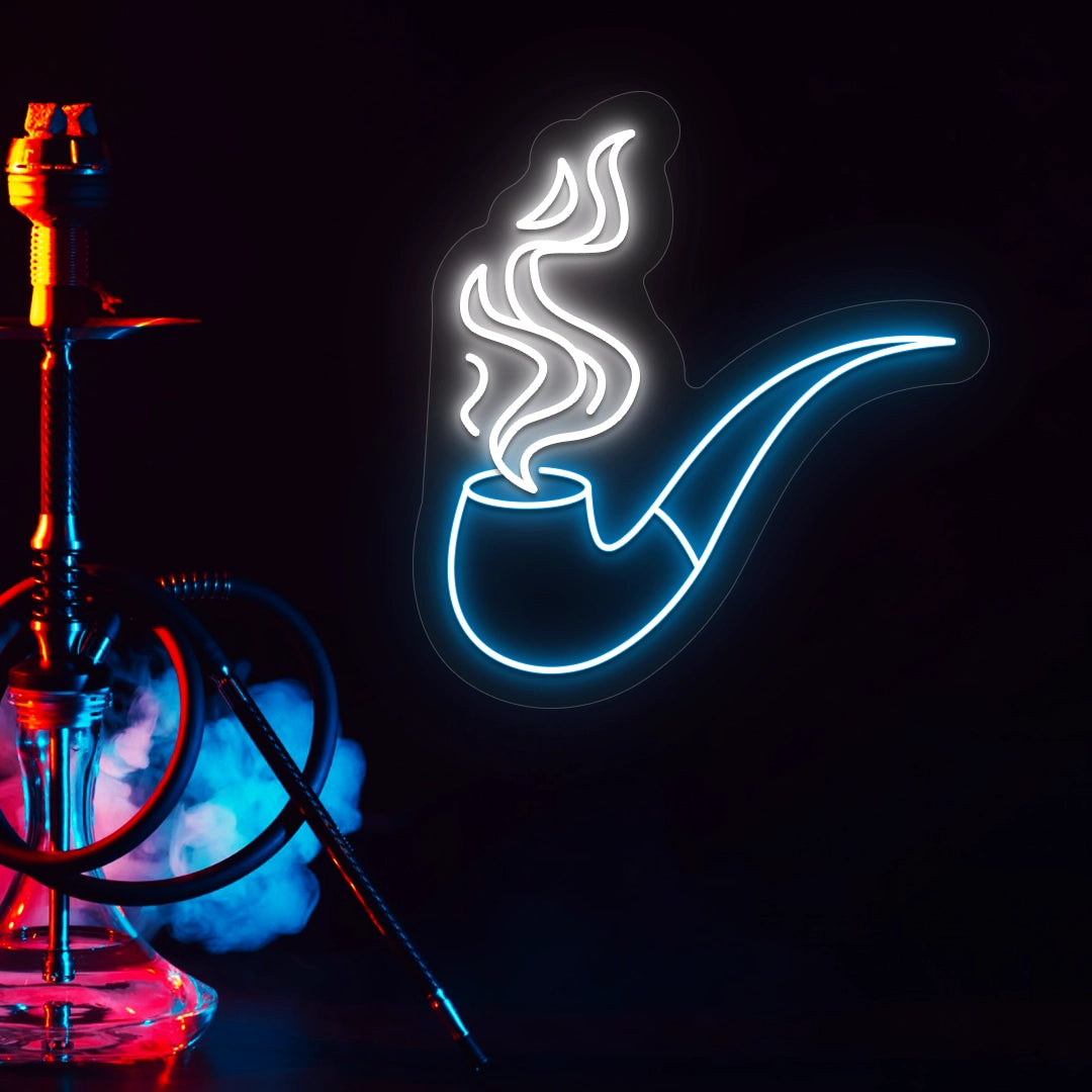 ice blue and white retro smoke and pipe vintage neon sign mounted on a wall