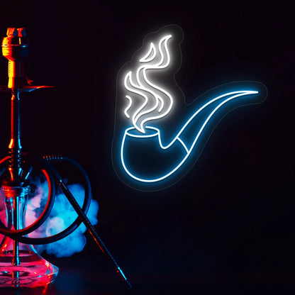 ice blue and white retro smoke and pipe vintage neon sign mounted on a wall