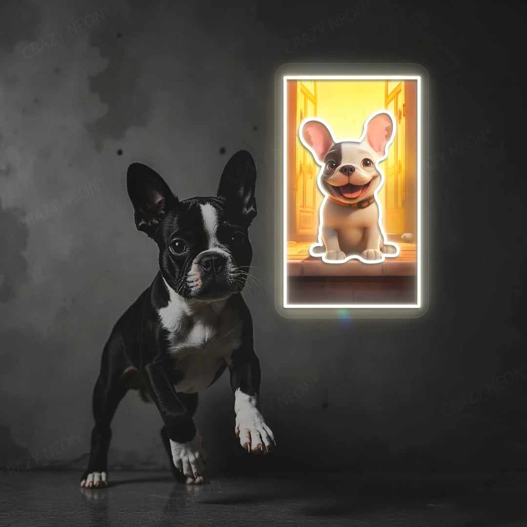 Happy French Bulldog Neon Artwork in White Color