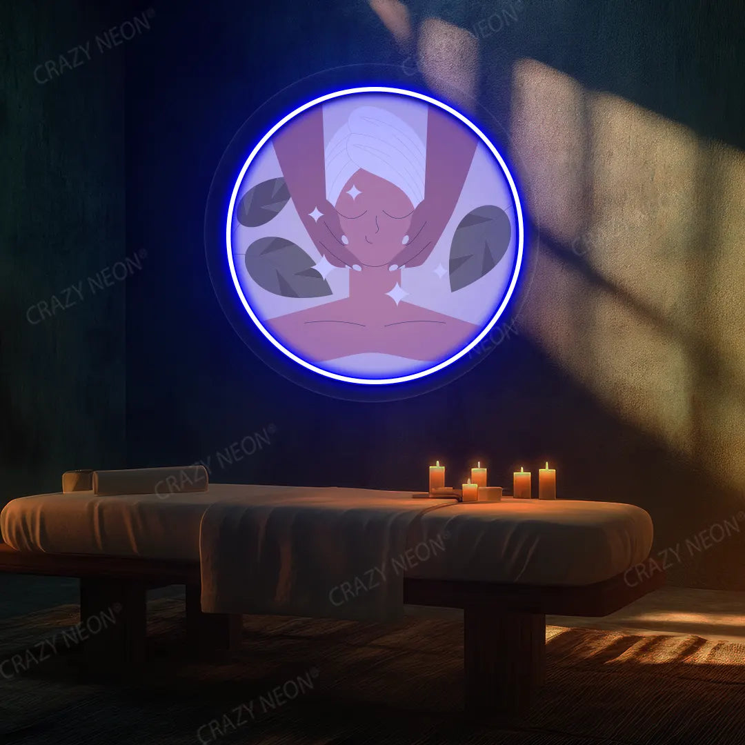 Facial Massage Neon Artwork lighting up in blue color on a spa wall