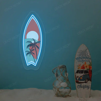 ice blue tropical surfboard neon artwork mounted on a wall