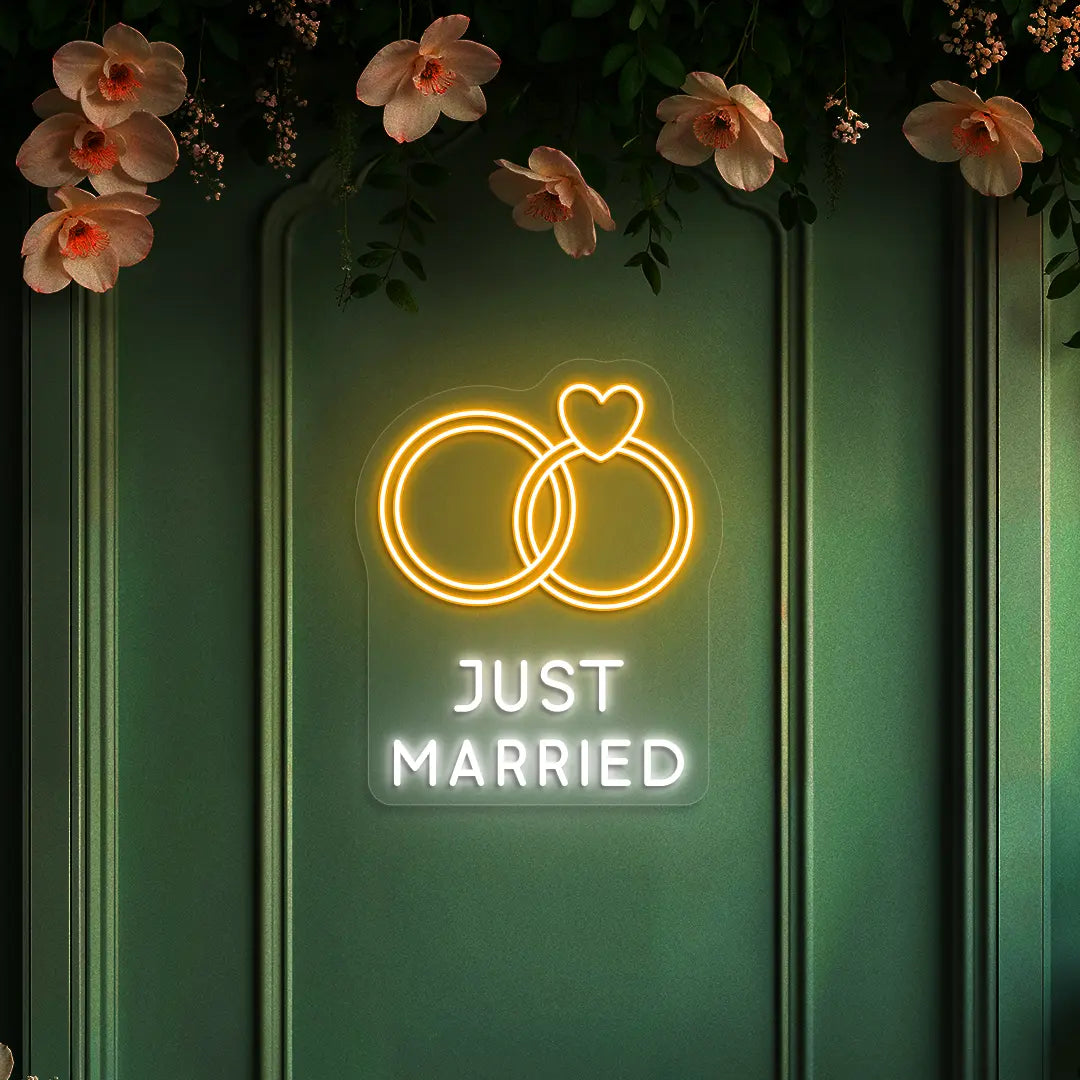 Just Married Rings Wedding Neon Sign in orange color