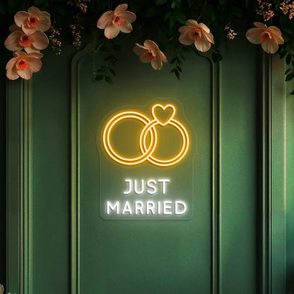 Just Married Rings Wedding Neon Sign in orange color