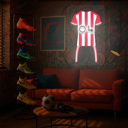 Red and white striped football jersey neon artwork with number 04 glowing on graffiti-style wall