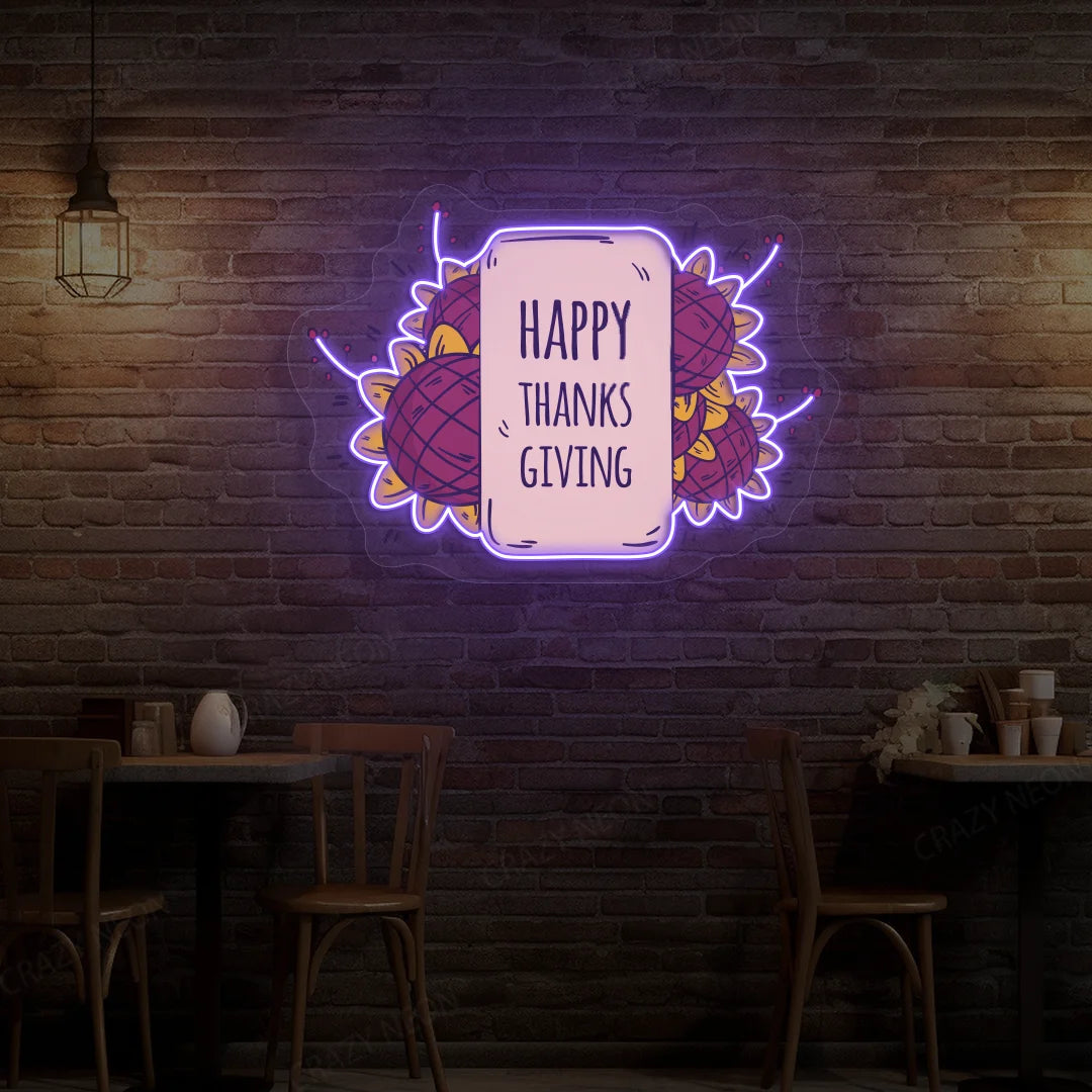 Happy thanksgiving sunflower neon sign in purple