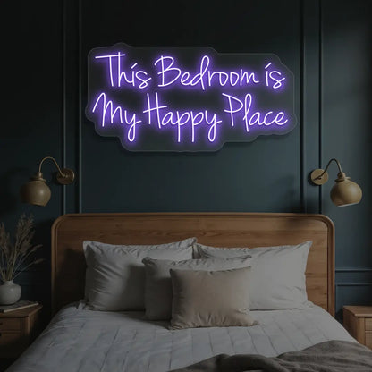purple this bedroom is my happy place neon sign mounted on a wall