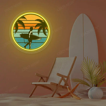 yellow surfer silhouette tropical sunset neon artwork mounted on a wall