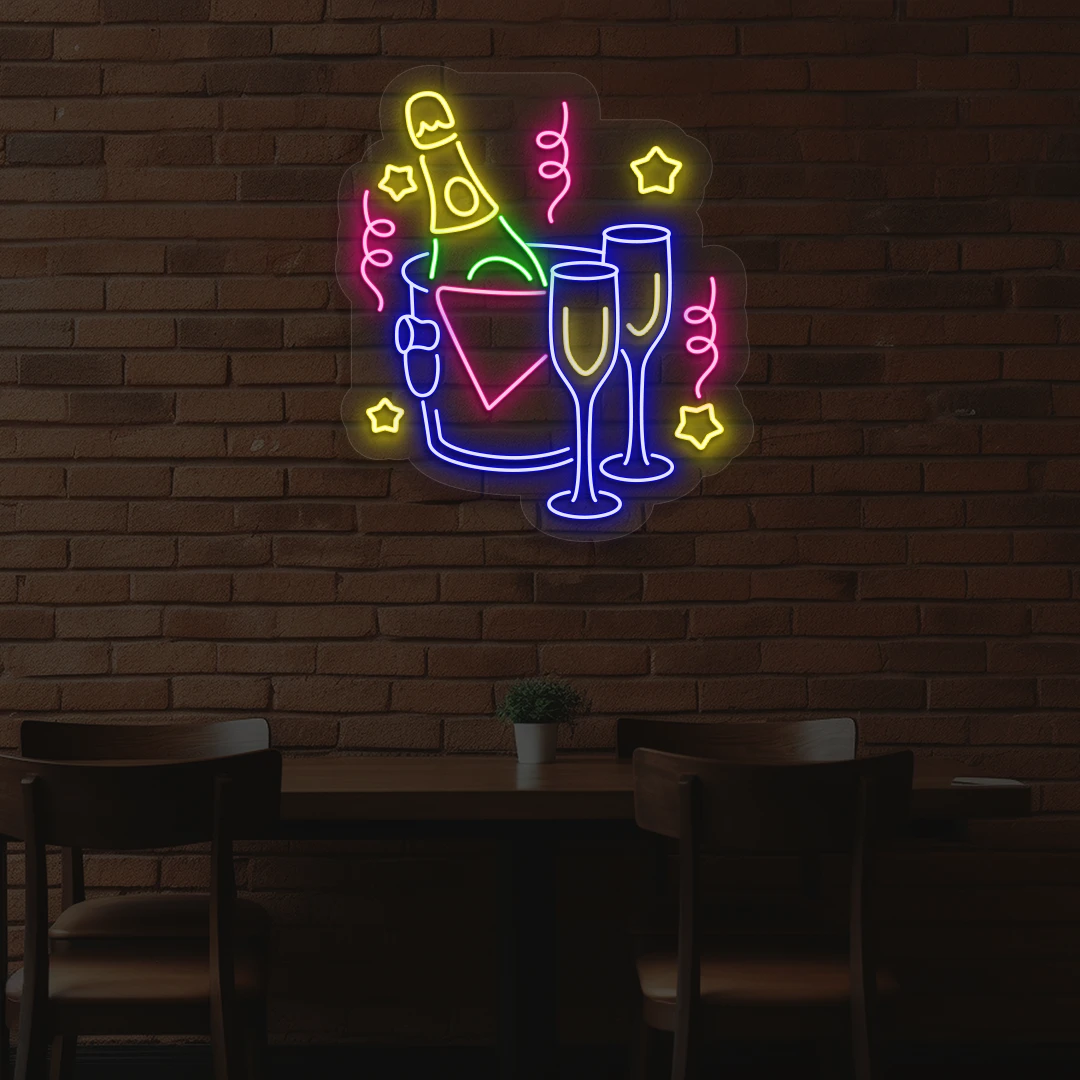 blue and multi color wine in ice bucket neon sign mounted on a wall