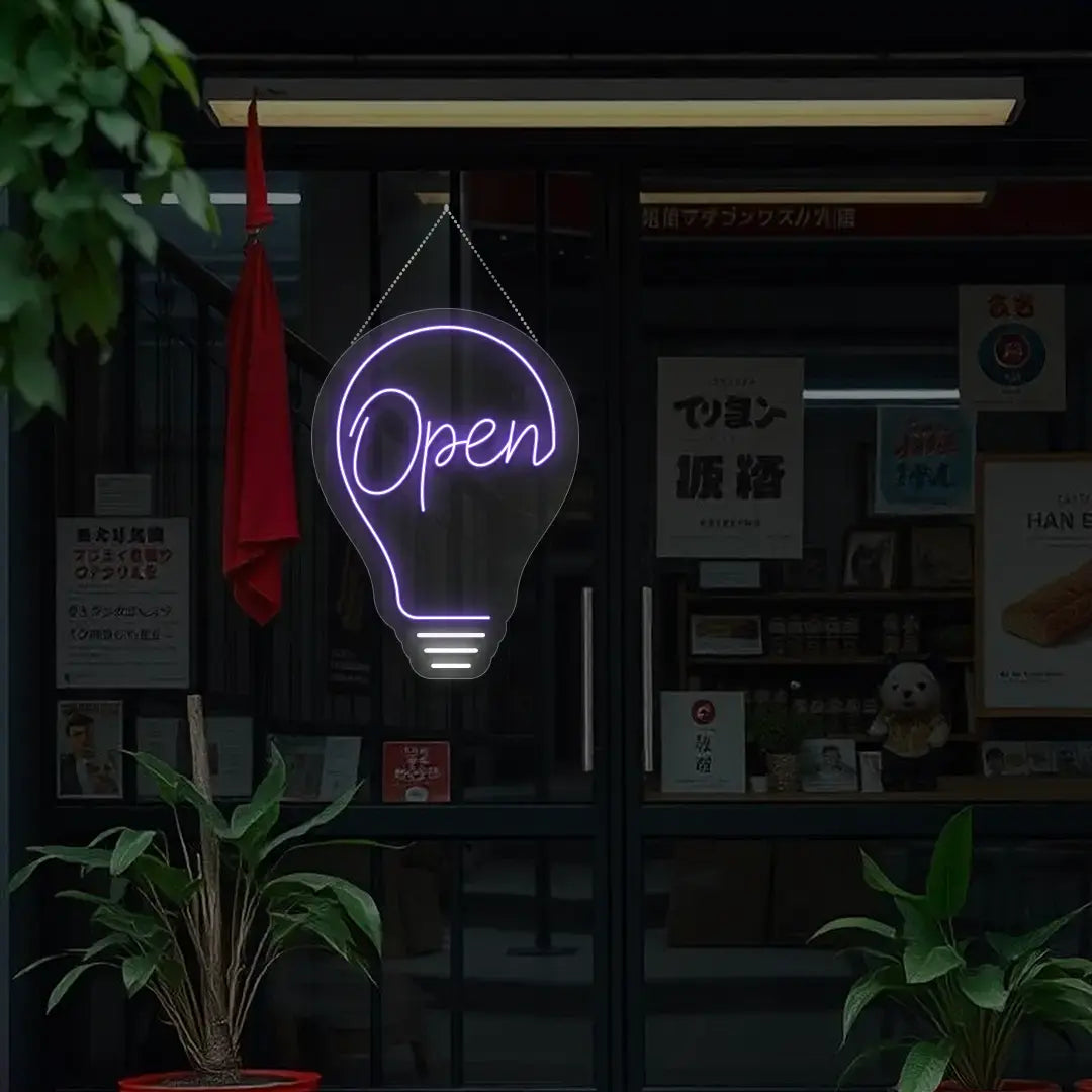 purple bulb open neon sign hanging on a window