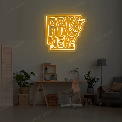 ARKANSAS Map Neon Sign lighting up in orange color in a room