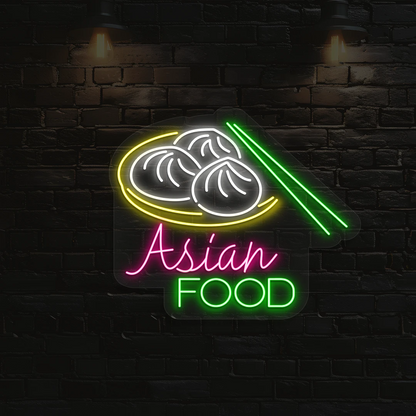 green pink white and yellow bao asian food neon sign mounted on a wall