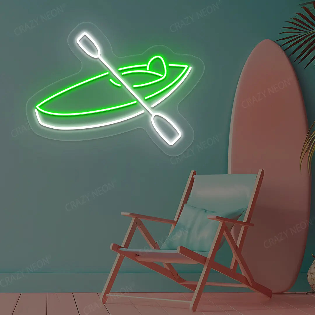 green and white boat paddle neon sign mounted on a wall