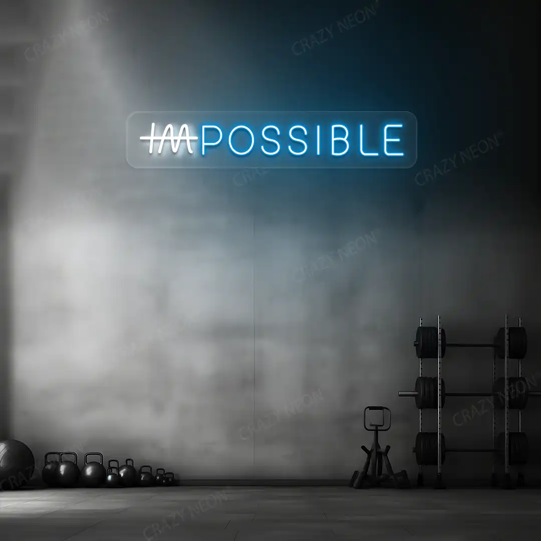 iceblue and white impossible neon sign mounted on a wall