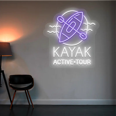purple and white kayak active tour neon sign mounted on a wall
