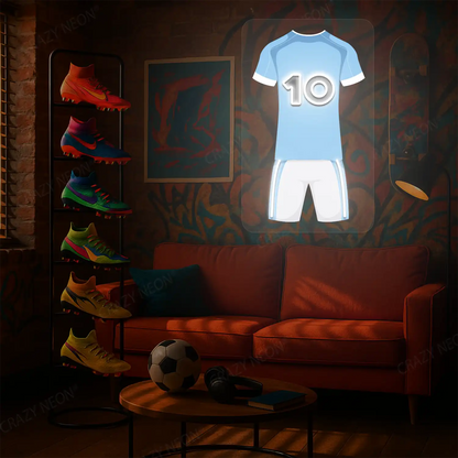 Light blue football jersey neon artwork with number 10 glowing on a graffiti-covered wall