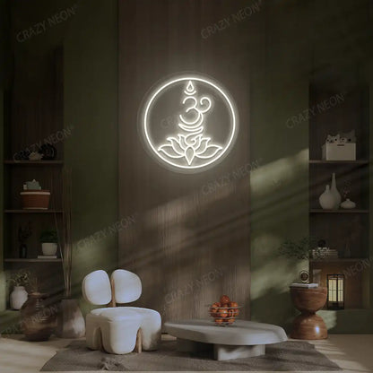 Om Lotus Neon Sign lighting up in warmwhite color in a yoga room