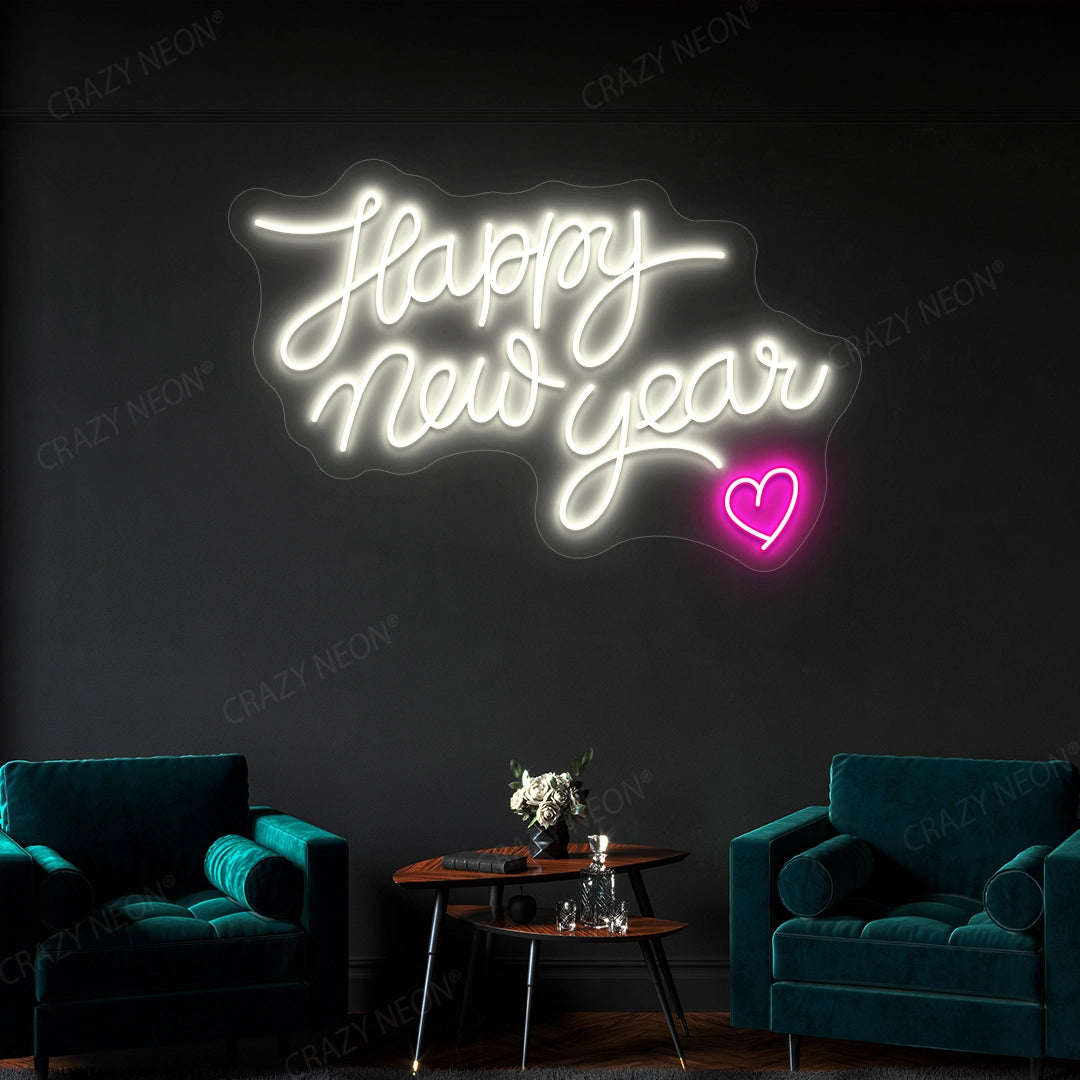 Happy New Year Heart Neon Sign | Warm White 