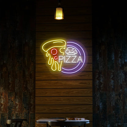 purple white yellow and red pizza slice neon sign mounted on a wall