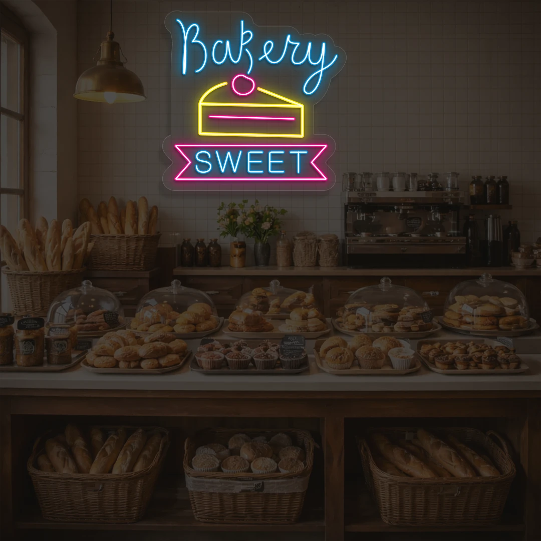 ice blue yellow and pink bakery sweet neon sign mounted on a wall